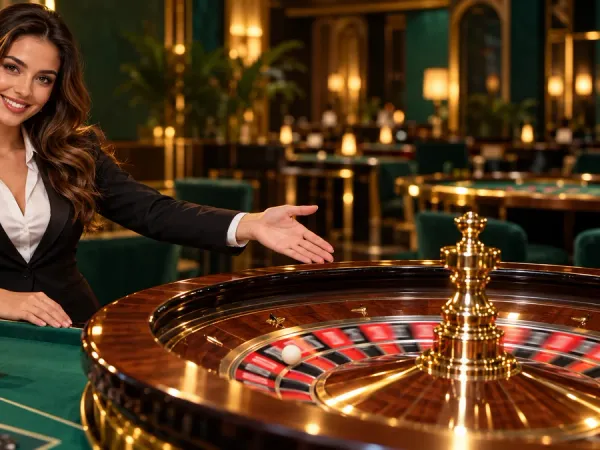 98s + Female dealer presenting a roulette wheel and chips at a green casino table