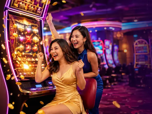 98s + Two women beside golden slot reels and illustrated coins