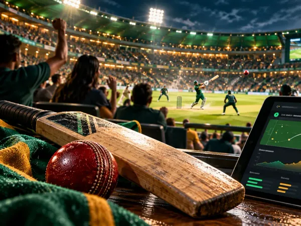98s + Cricket bat and ball beside a match dashboard in a floodlit stadium