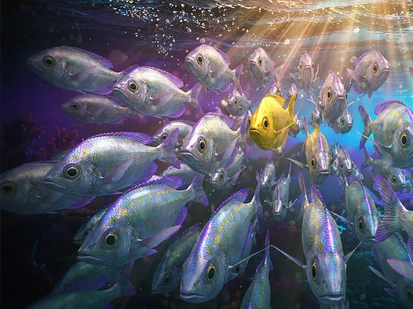 98s + School of fish swimming among floating coins