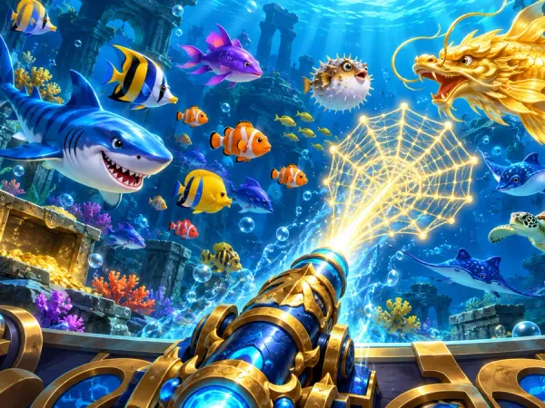 98s + Fishing arcade cannon firing a glowing net towards colourful fish