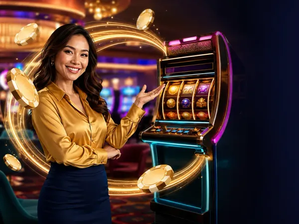 98s + Woman in a gold blouse presenting a slot machine and sweeping gold arrow