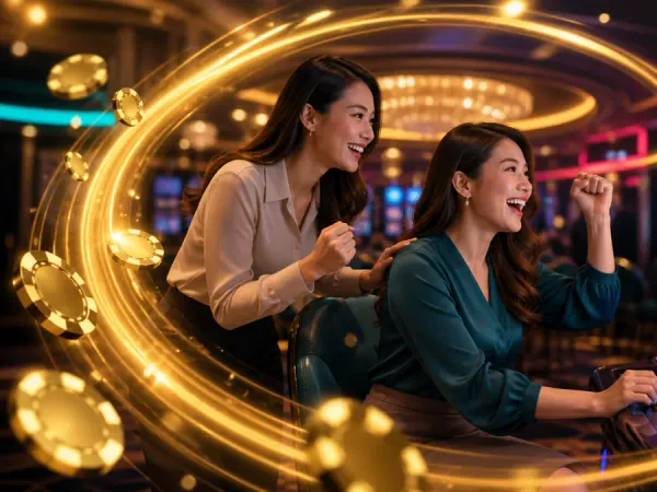 98s + Two women beside slot machines with a curved golden light trail