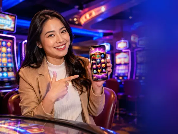 98s + Woman pointing at a phone with illustrated reels in a casino