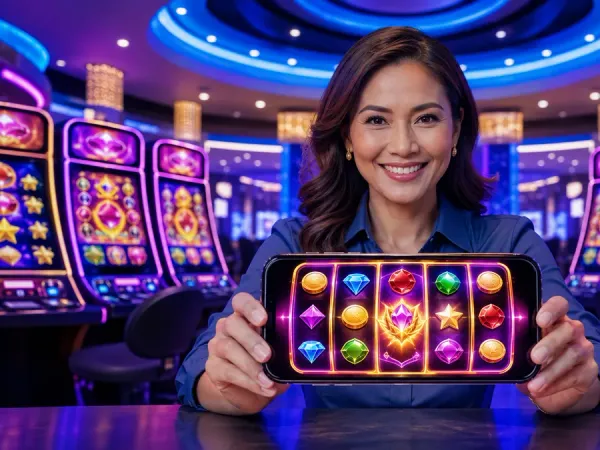 98s + Woman presenting a phone with fruit reels against blue casino lighting