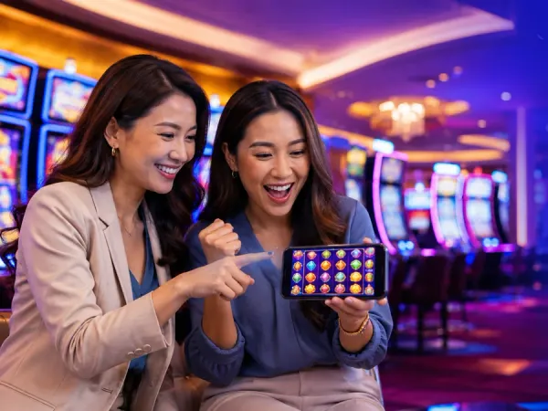 98s + Two women looking at fruit reels on a smartphone in a casino
