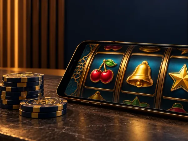 98s + Smartphone showing fruit, bell and star reels beside casino chips