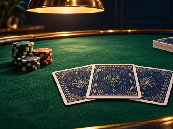 98s + Three face-down blue playing cards with chips and a deck on a green table