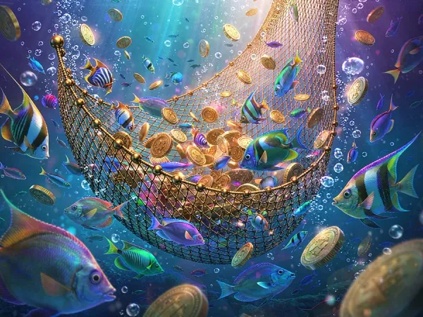 98s + Fish and gold coins surrounding an underwater net