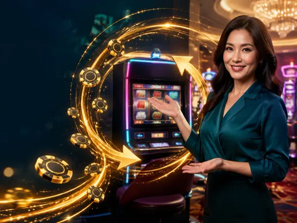 98s + Woman in a teal blouse beside slot reels and a circular gold light trail