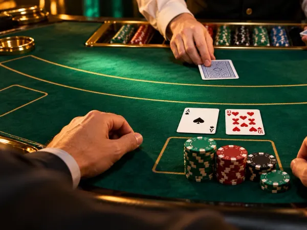 98s + Blackjack ace and ten on green felt beside casino chips