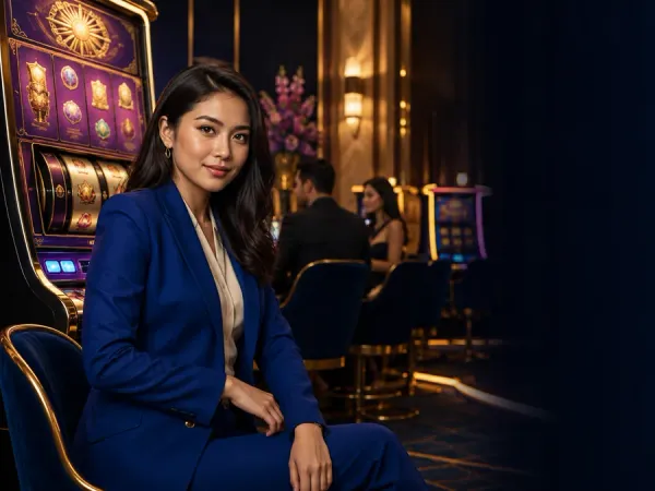 98s + Woman in a blue suit beside slot machines in a warm-lit lounge