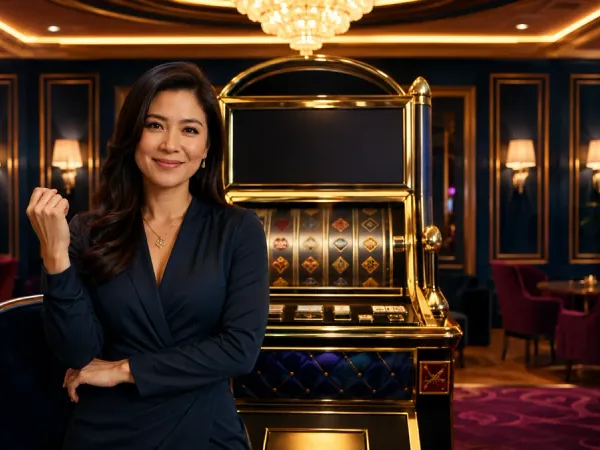 98s + Woman seated before a gold-framed slot machine in an elegant lounge