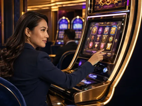98s + Seated woman looking back from a slot machine with golden trim