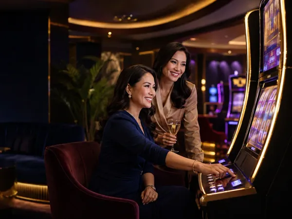 98s + Two women seated together at slot machines in a dark lounge