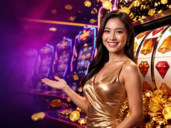 98s + Woman in a gold dress beside a slot machine and scattered gold coins
