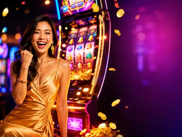 98s + Woman beside gold-framed slot reels in bright casino lighting