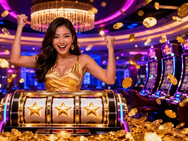 98s + Woman behind a star-symbol slot machine amid illustrated gold coins