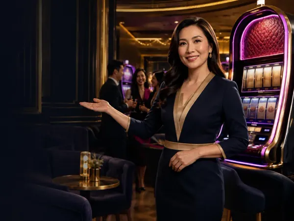 98s + Woman in a dark blazer beside a slot machine in a dim lounge