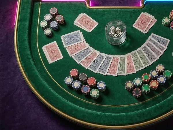 98s + Overhead view of playing cards and chips on a green table