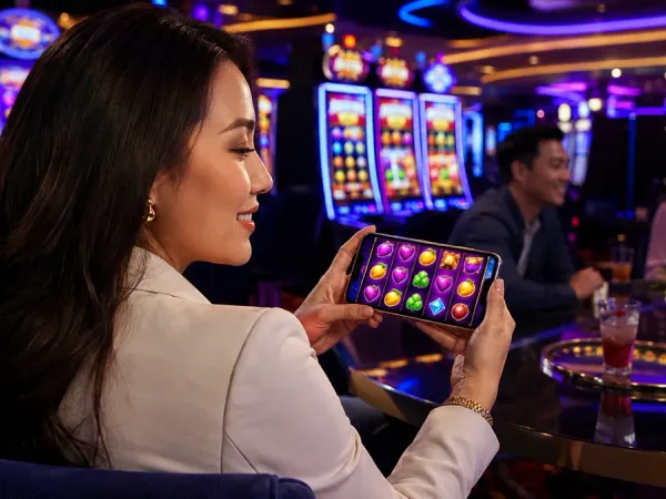98s + Seated woman holding a phone beside illuminated slot machines