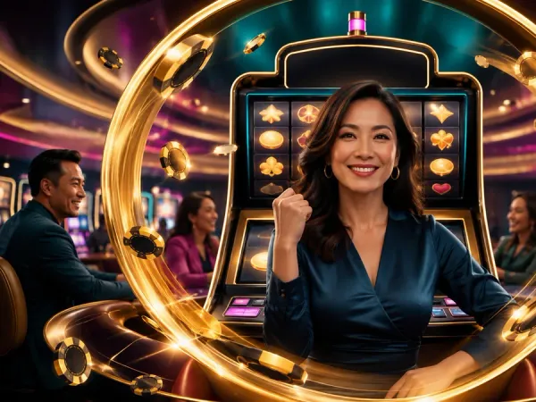 98s + Woman in a blue blouse framed by a gold ring before slot reels