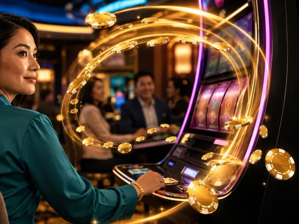 98s + Seated woman looking towards a slot machine amid gold light trails