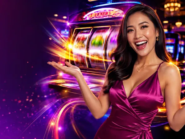 98s + Woman in a magenta dress beside illuminated spinning slot reels